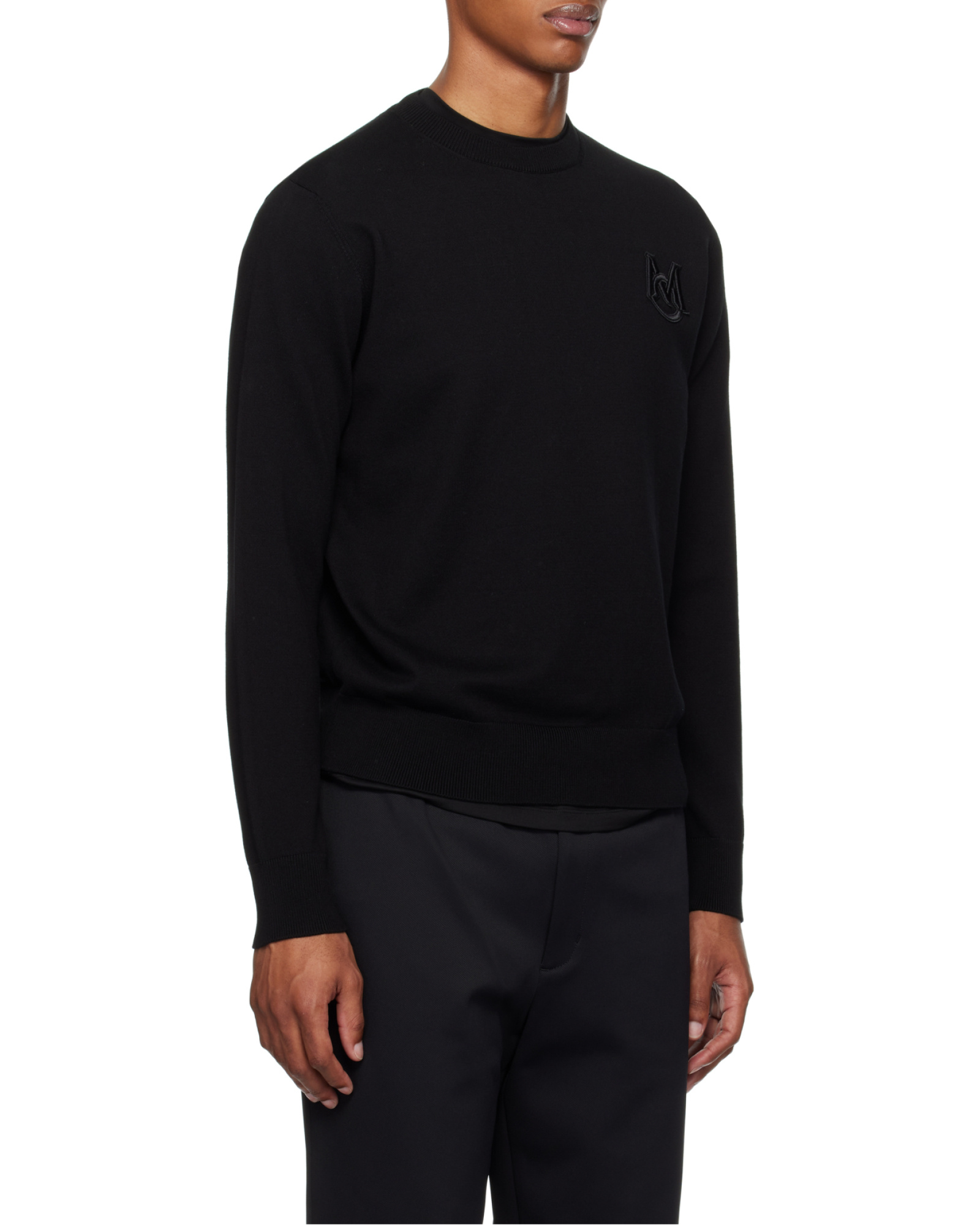 Moncler Embroidered Monogram Cotton Crewneck Sweater In Black