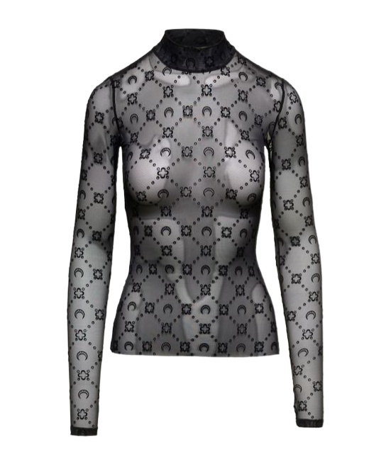 Marine Serre Black Sheer Top With Flocked Monogram In Stretch Polyamide Woman In Black