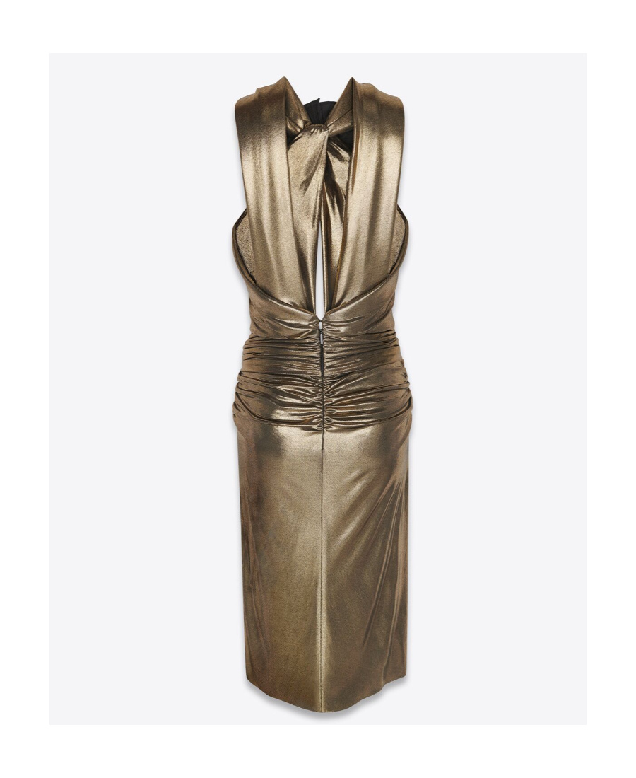 Saint Laurent Flower-applique Cutout Ruched Metallic Dress In Brown