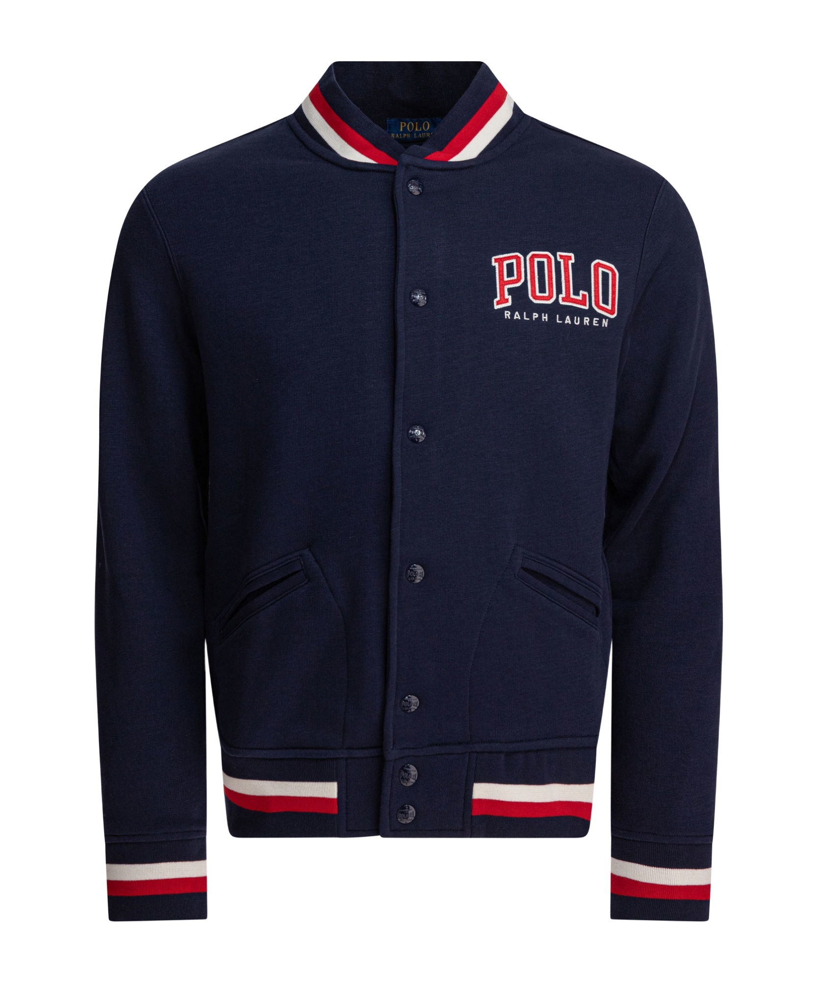 Polo Ralph Lauren Ribbed Collar Striped Detailing Front Pockets Jacket In Navy Blue