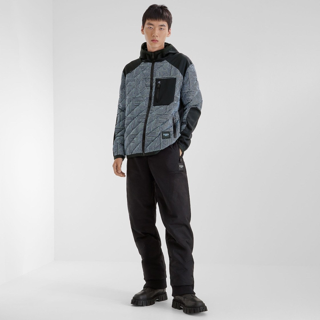 Fendi Shadow-print Panelled Down Jacket In Black