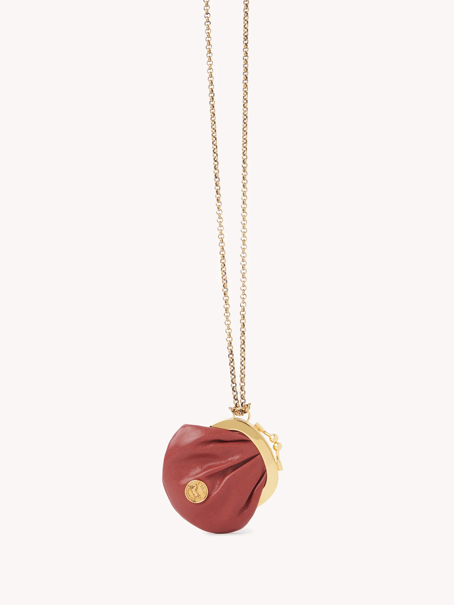 Chloé Micro Horse Medal Coin Purse Necklace In Grained Leather In Brown