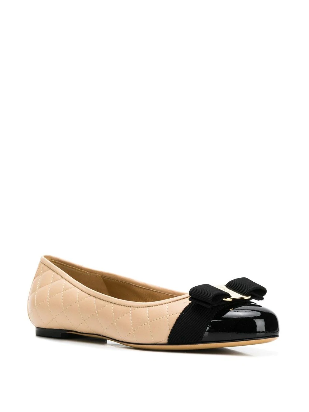 Ferragamo Varina Bow-embellished Quilted Smooth And Patent-leather Ballet Flats In Nude