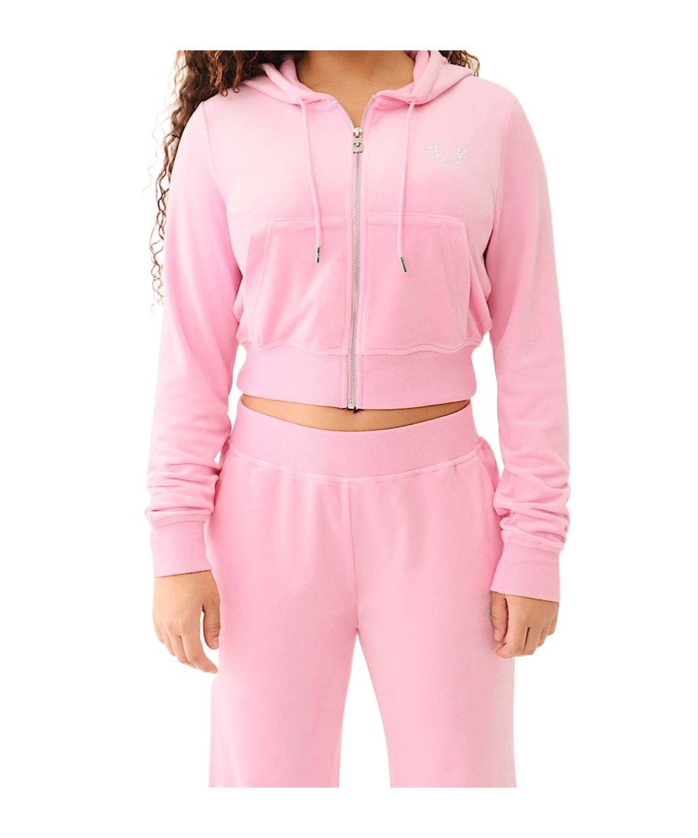 TRUE RELIGION VELOUR CRYSTAL SHRUNKEN ZIP HOODIE 