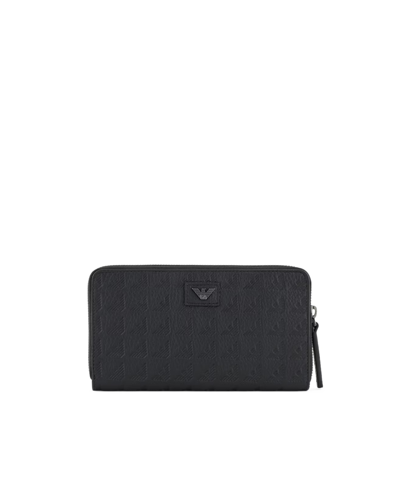 Emporio Armani Zip-around Leather Wallet With All-over Embossed Eagle In Black