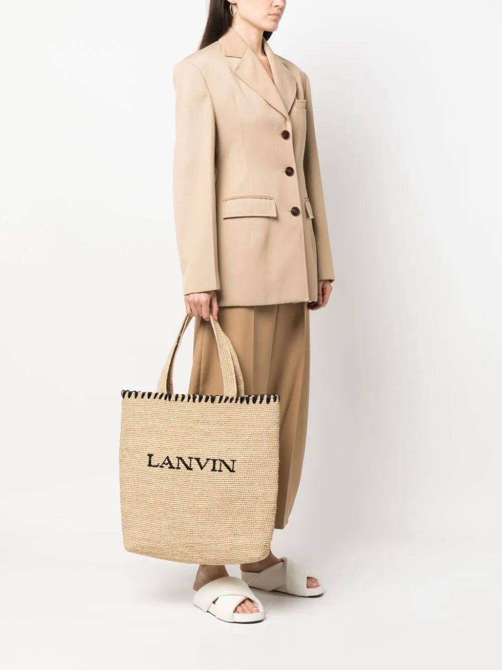Shop Lanvin Logo-embroidered Raffia Tote Bag In Nude
