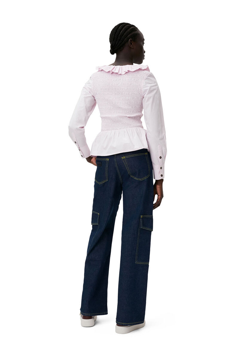 Shop Ganni Cotton Poplin Open-neck Smock Blouse In Pink