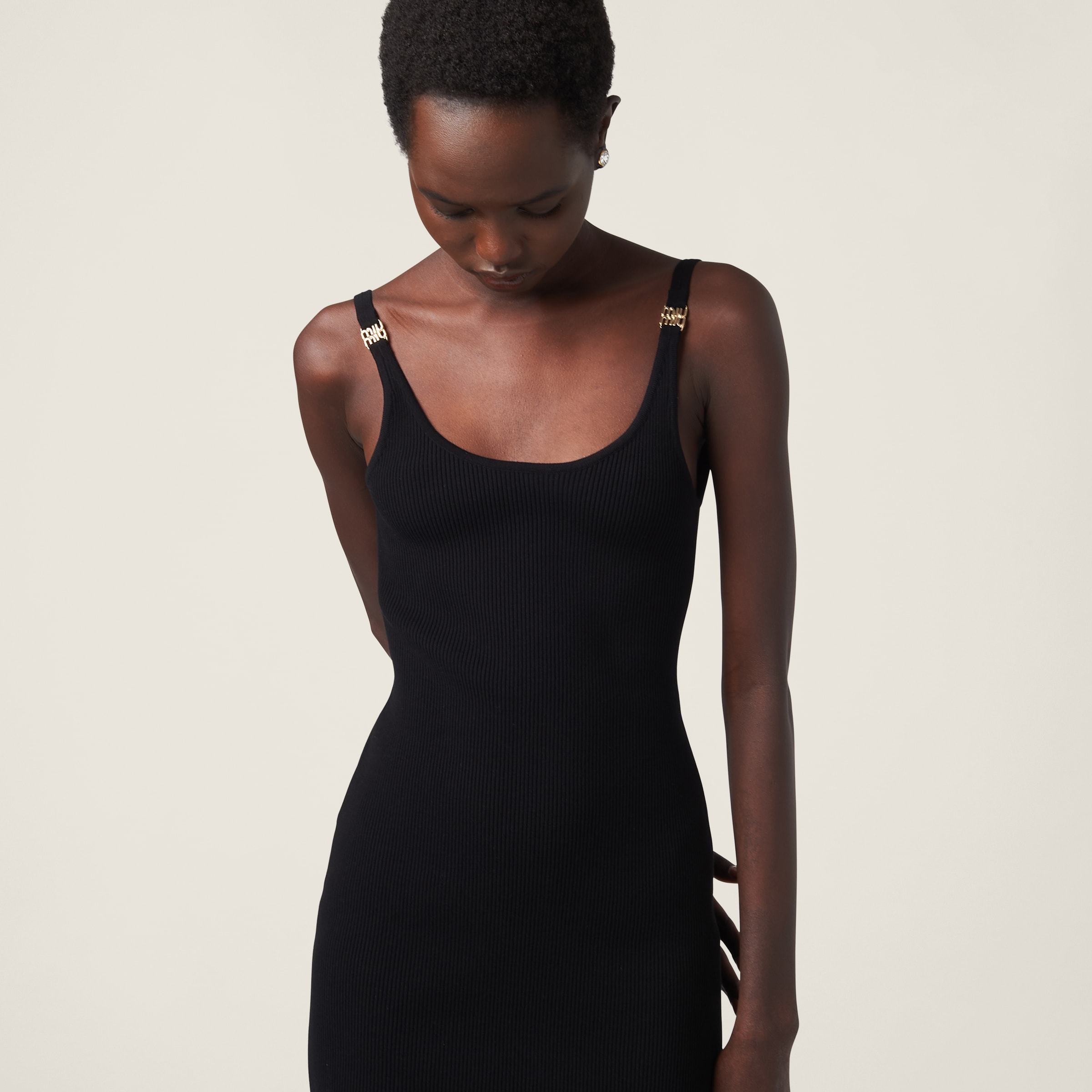 Miu Miu Ribbed Backless Metal Logo Midi Dress In Black