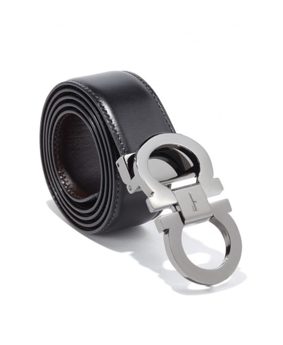 Ferragamo Black And Brown Reversible Belt With Gancini Detail In Smooth Leather Man In Black