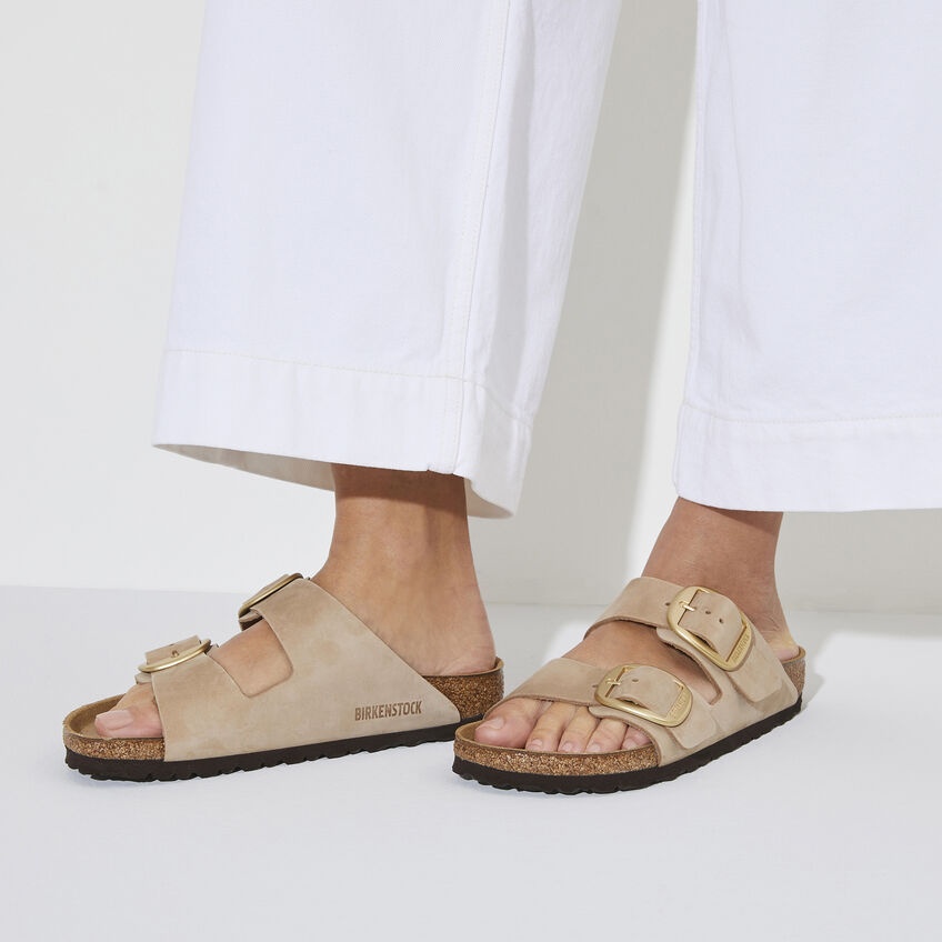 Birkenstock 'arizona' Beige Slip-on Sandals With Engraved Logo In Suede And Cork Woman In Brown