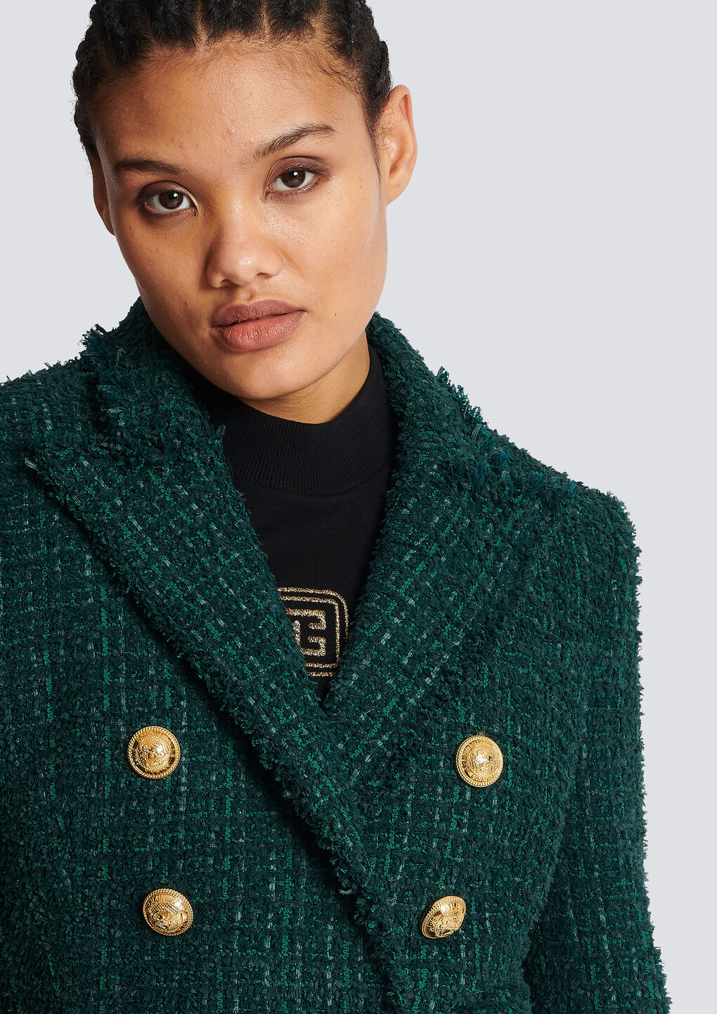 Balmain Tweed Double-breasted Blazer Jacket In Green