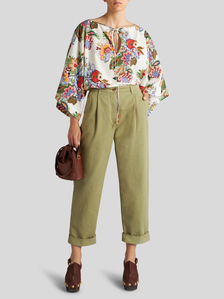 Etro Wide Leg Belted Trousers With Back Pockets In Green