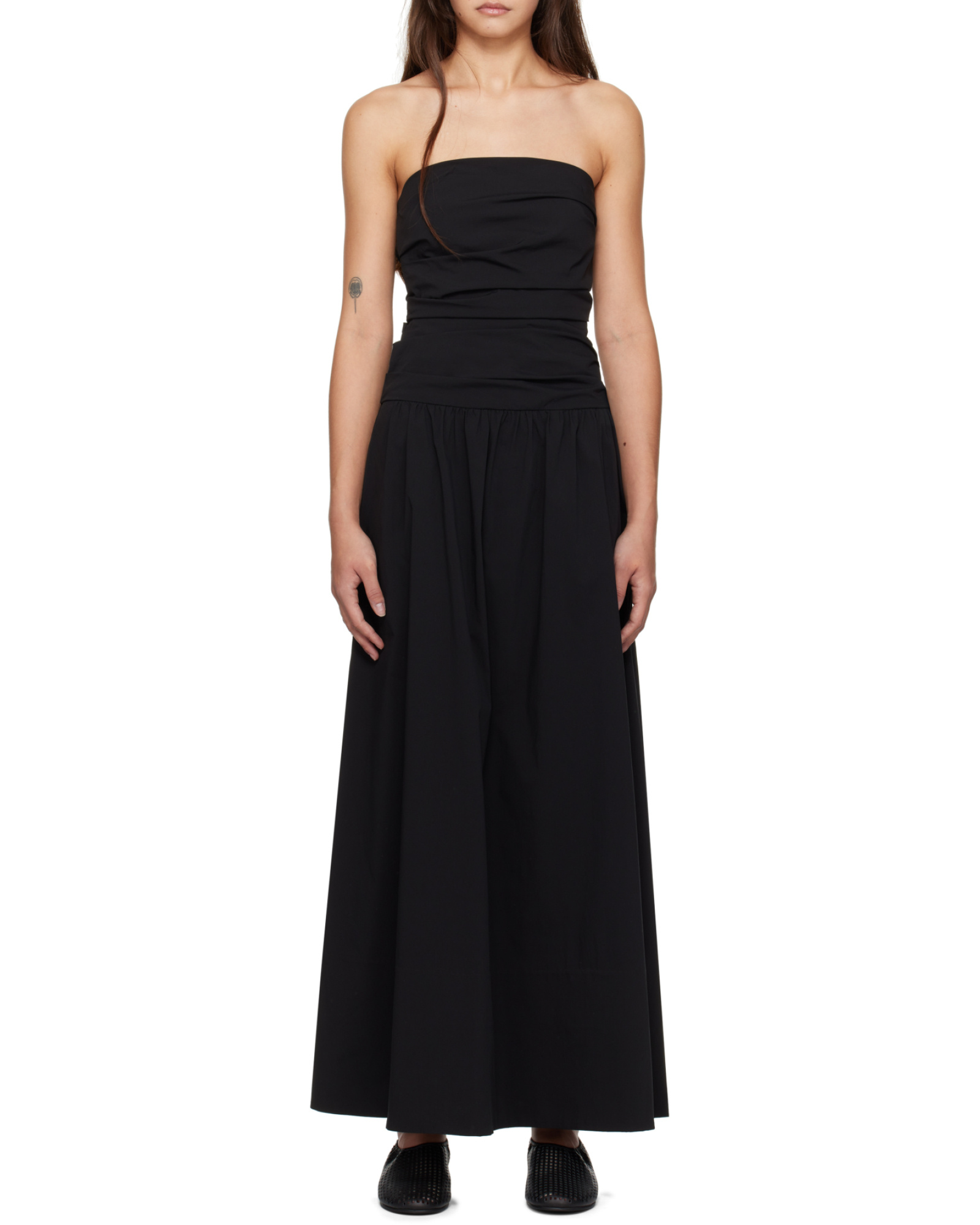 St Agni Black Gathered Strapless Tie Back Maxi Dress