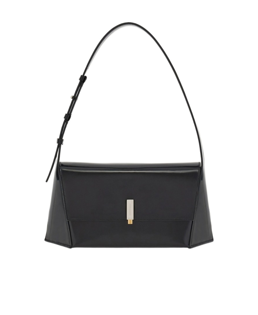 Shop Ferragamo Salvatore Geometric Logo Engraved Shoulder Bag In Black