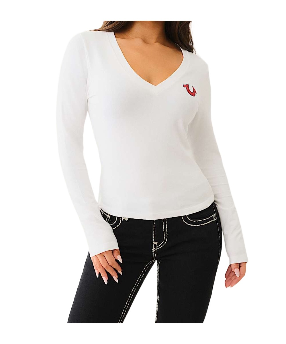 TRUE RELIGION CRYSTAL LOGO LONG SLEEVE V NECK TEE