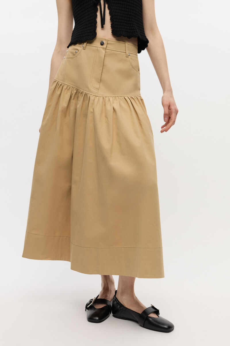 Ganni Womens Pale Khaki Summer Suiting Gathered Cotton And Linen Midi Skirt In Nude