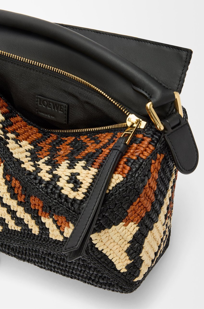 Loewe Small Puzzle Edge Bag In Raffia And Calfskin