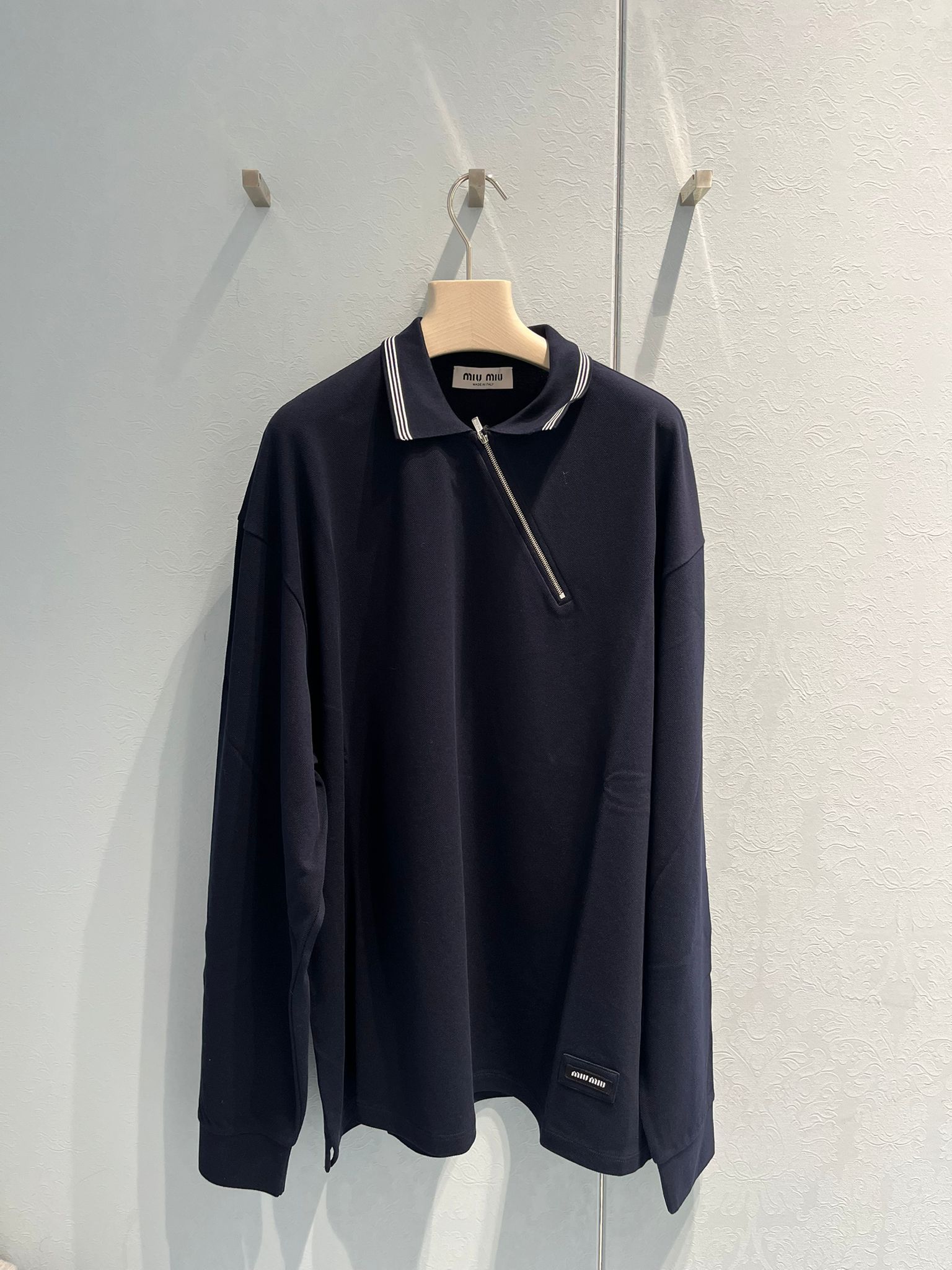 Miu Miu Cotton Polo Shirt With Asymmetric Metal Zip Detail In Blue