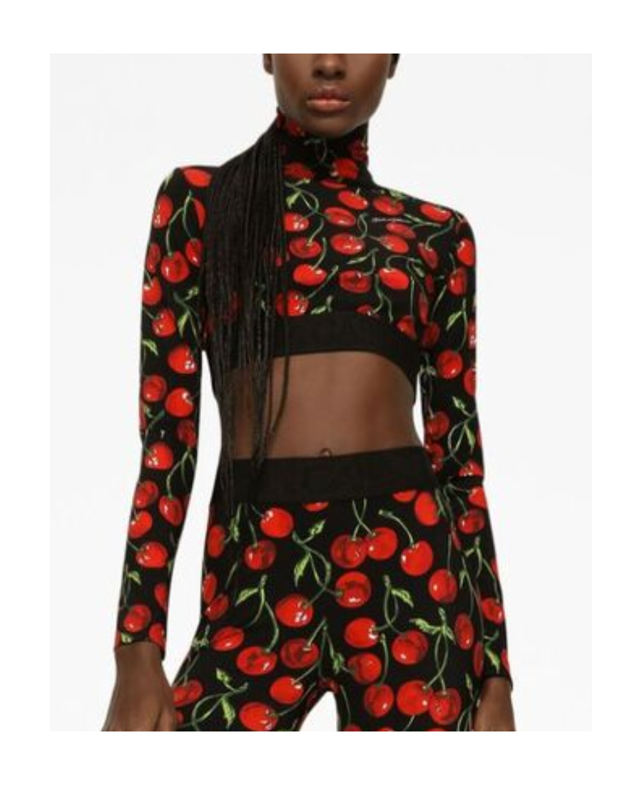Shop Dolce & Gabbana Cherry-print Long-sleeve Crop Top In Black