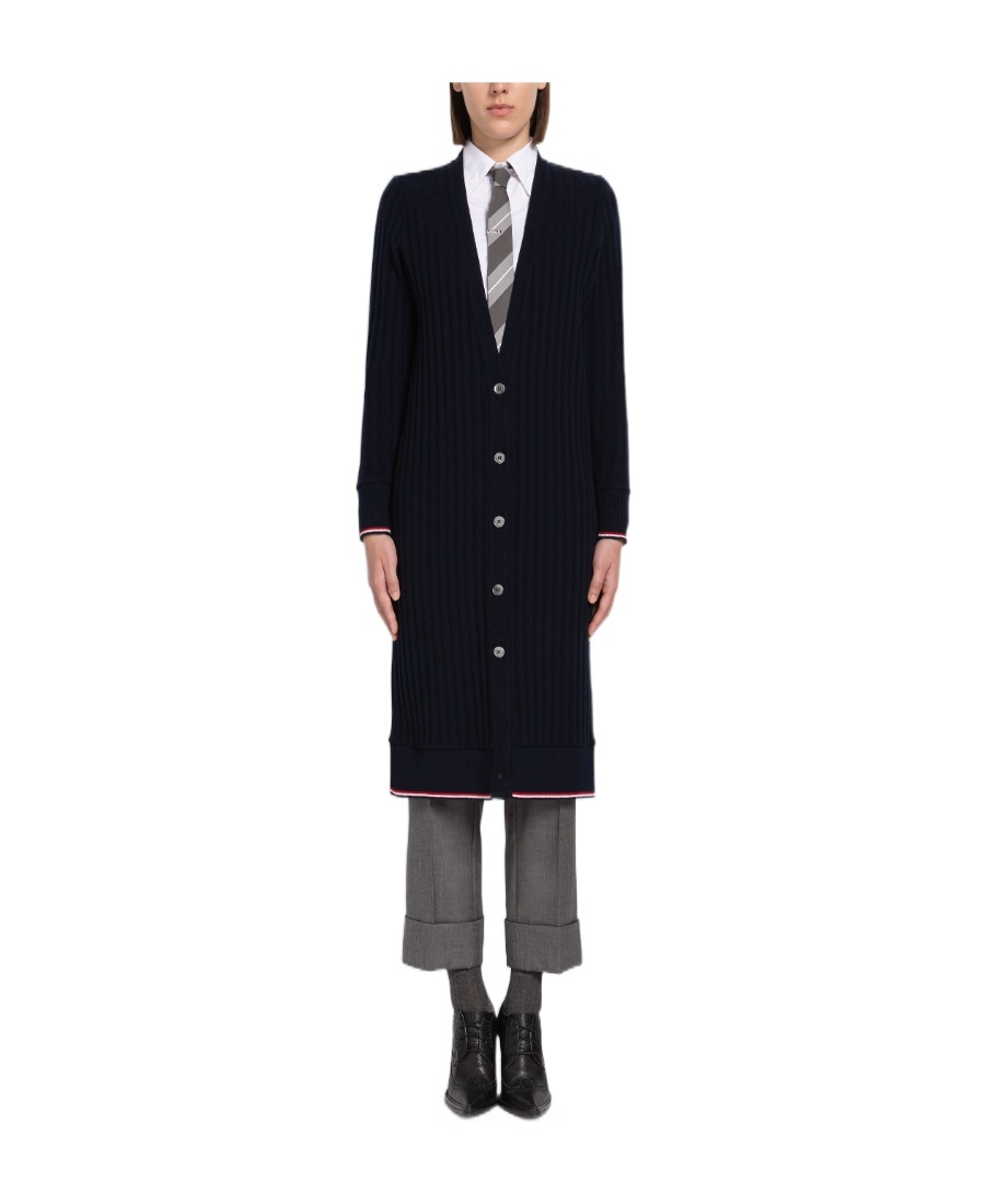 Thom Browne Long Rwb Ribbed Cardigan In Black