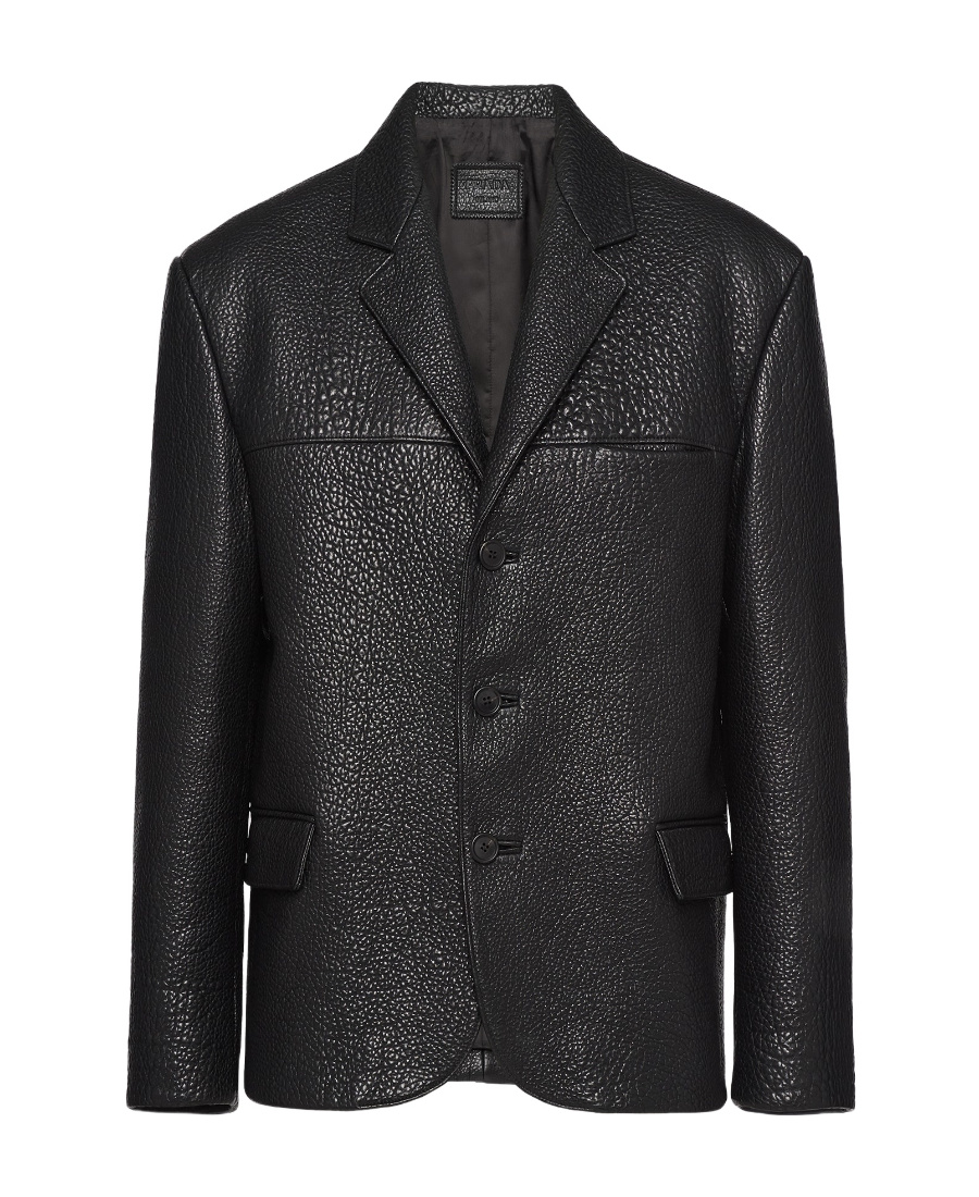 Prada Single-breasted Leather Jacket Men In Black