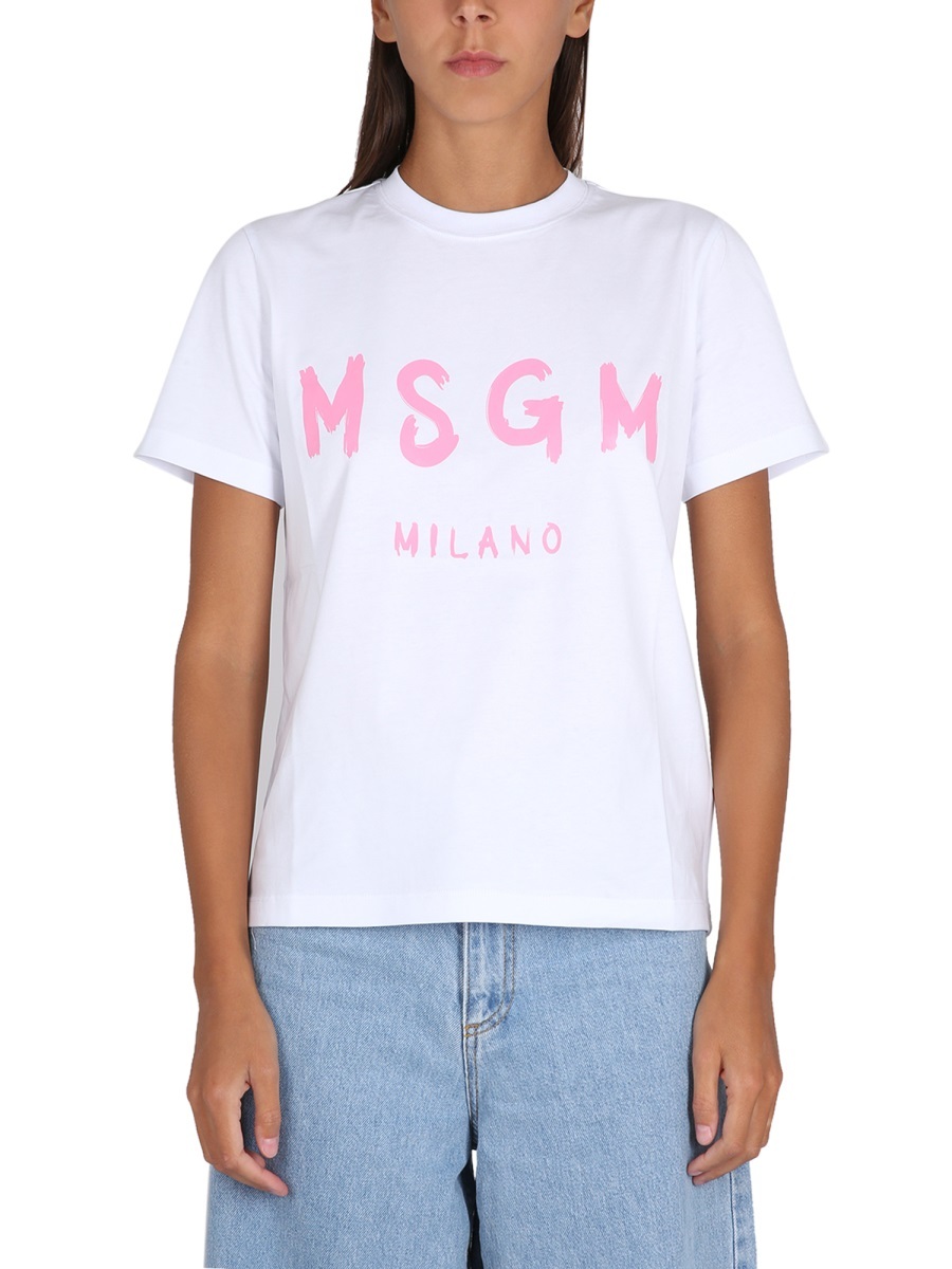 Msgm Jersey T-shirt With Brushstroke Printed Logo In White