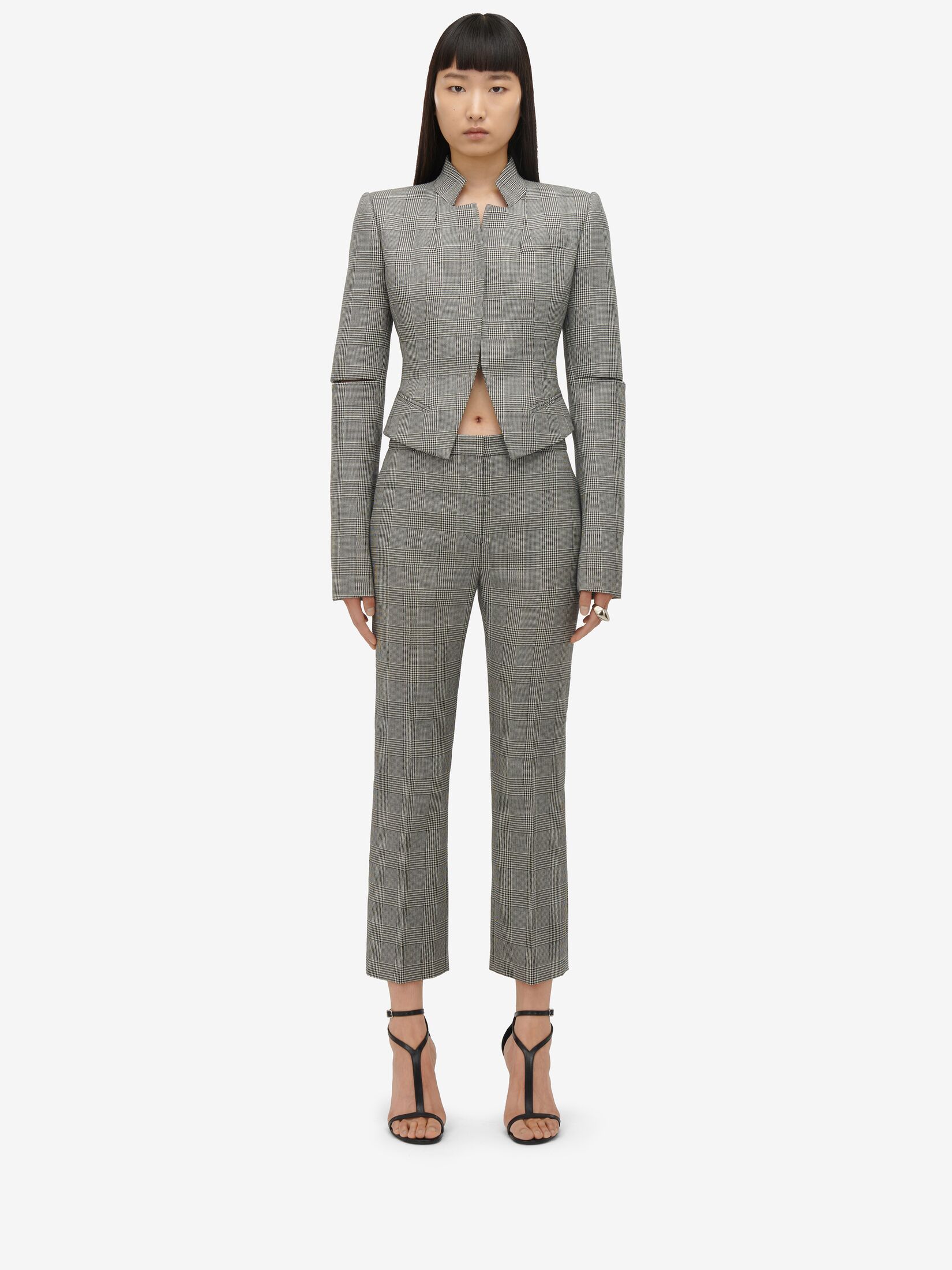 Alexander Mcqueen Checked Cropped Wool Trousers In Gray