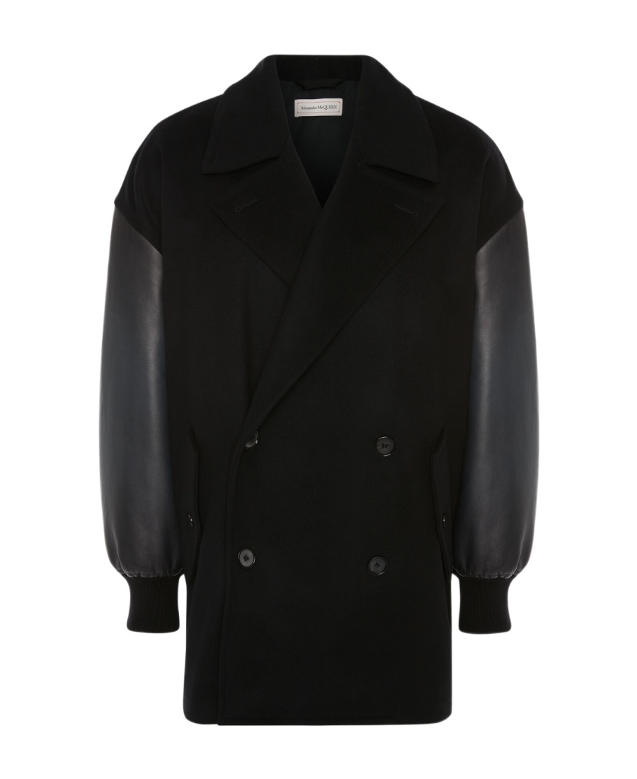 Alexander Mcqueen Leather-trim Double-breasted Jacket In Black