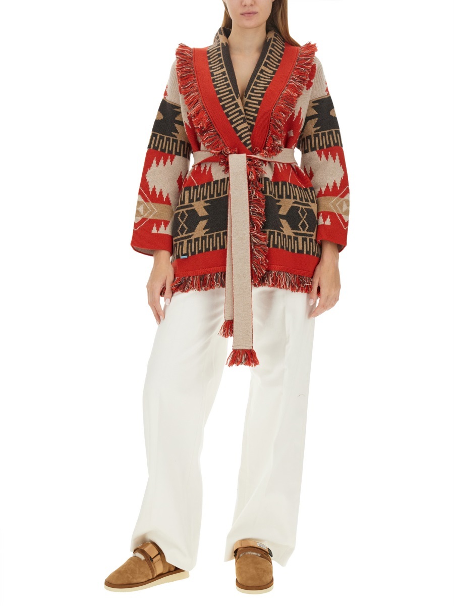 Alanui Icon Jacquard Belted Fringed Cardigan In Red