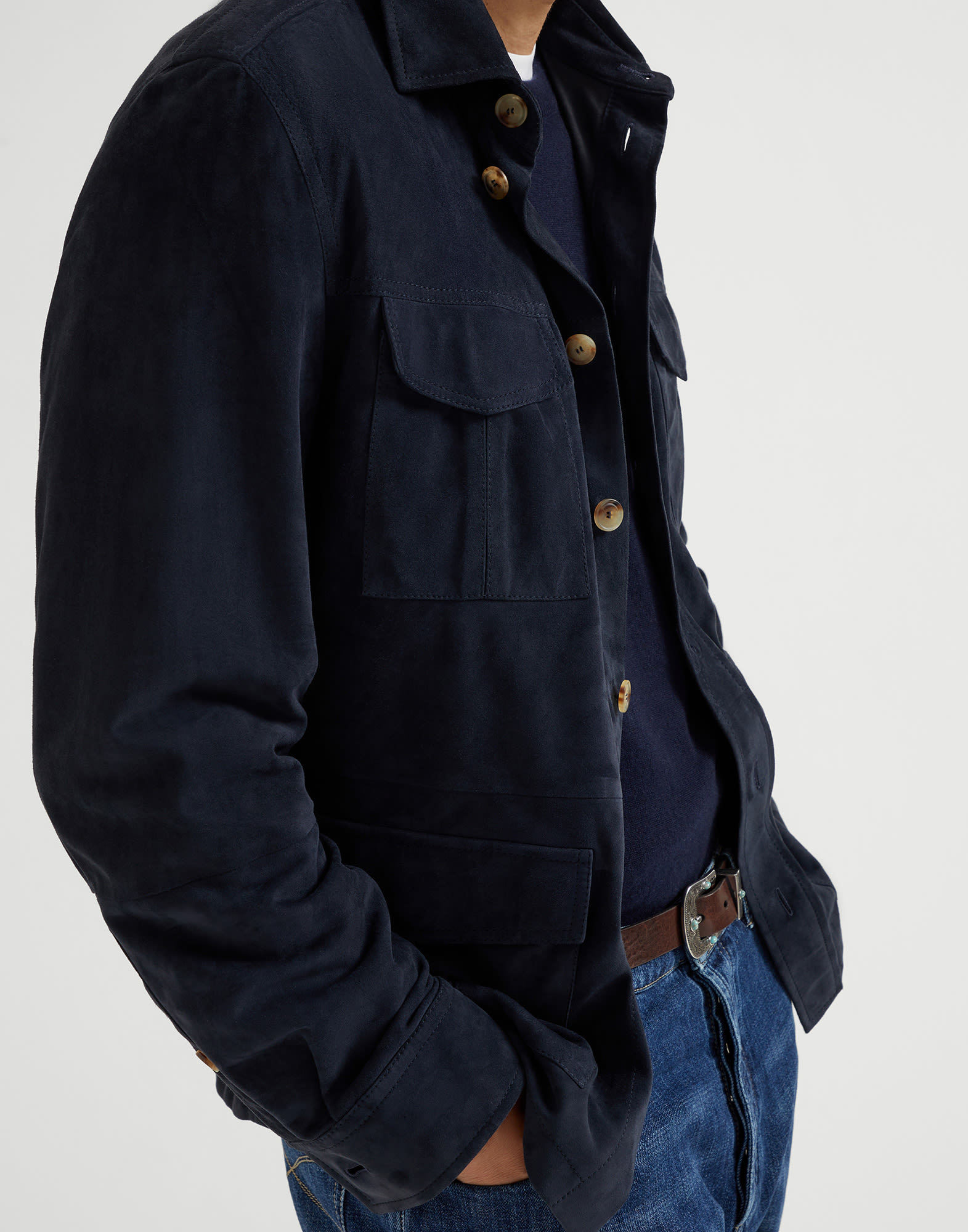 Brunello Cucinelli Suede Leather Shirt Jacket In Black
