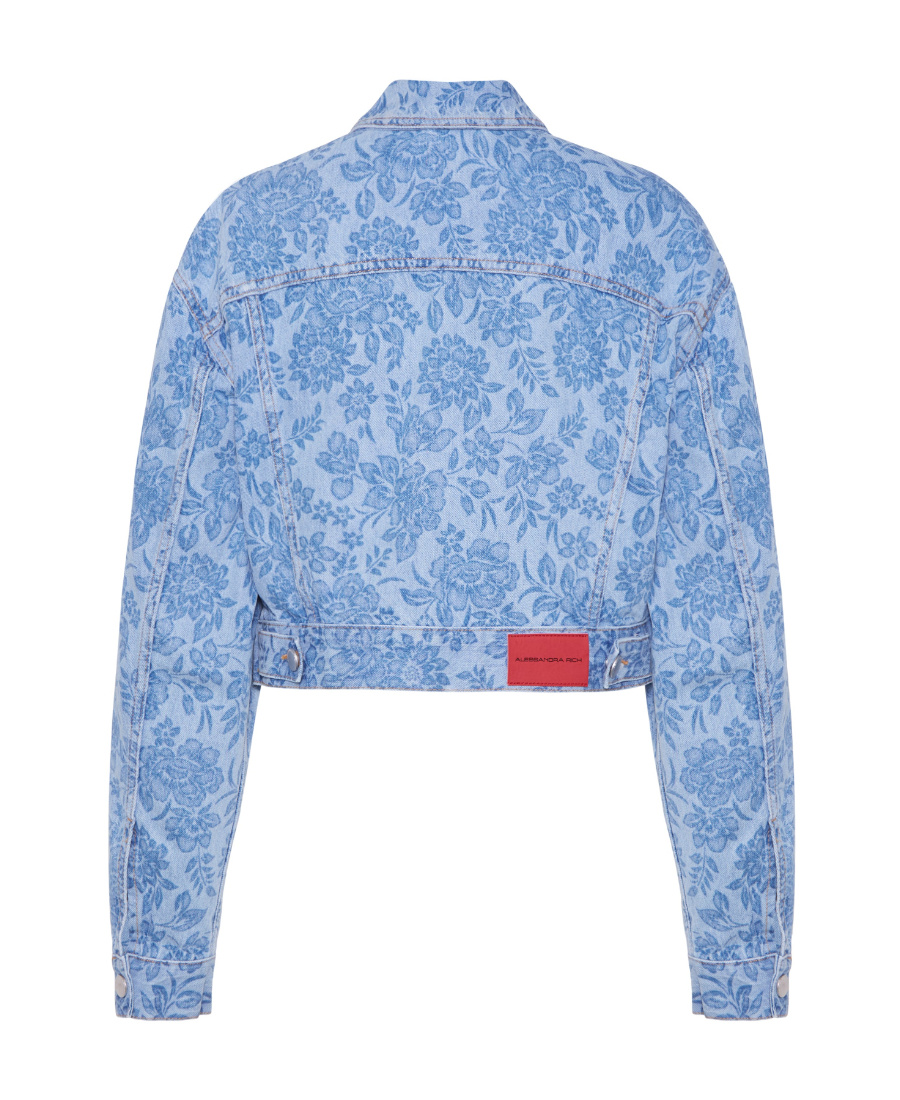 Alessandra Rich Flower Printed Denim Jacket In Blue