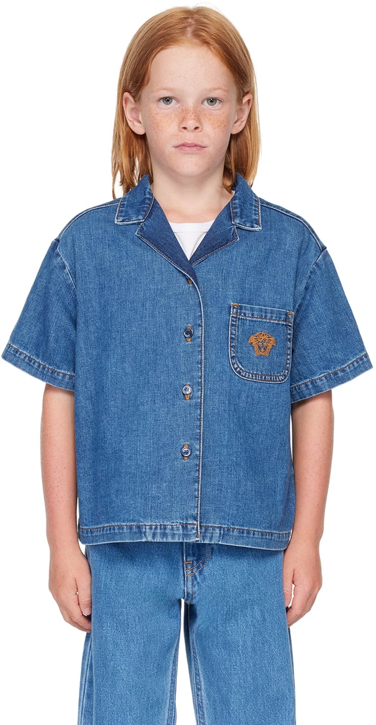 Versace Medusa Head-motif Denim Shirt In Blue