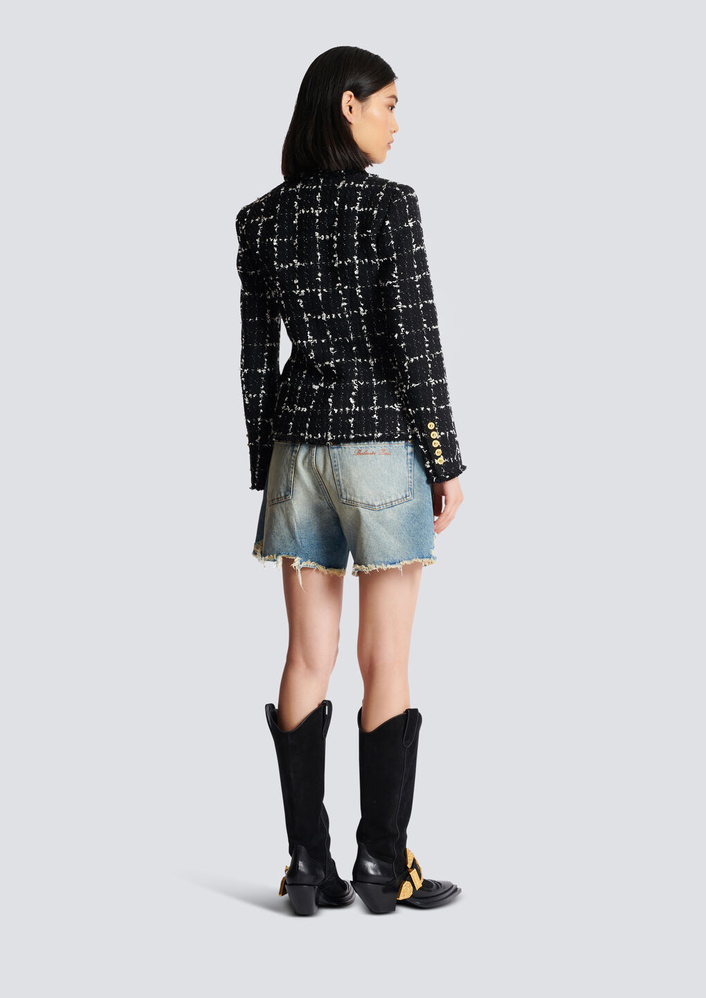 Balmain Grid Tweed Double-breasted Blazer In Black
