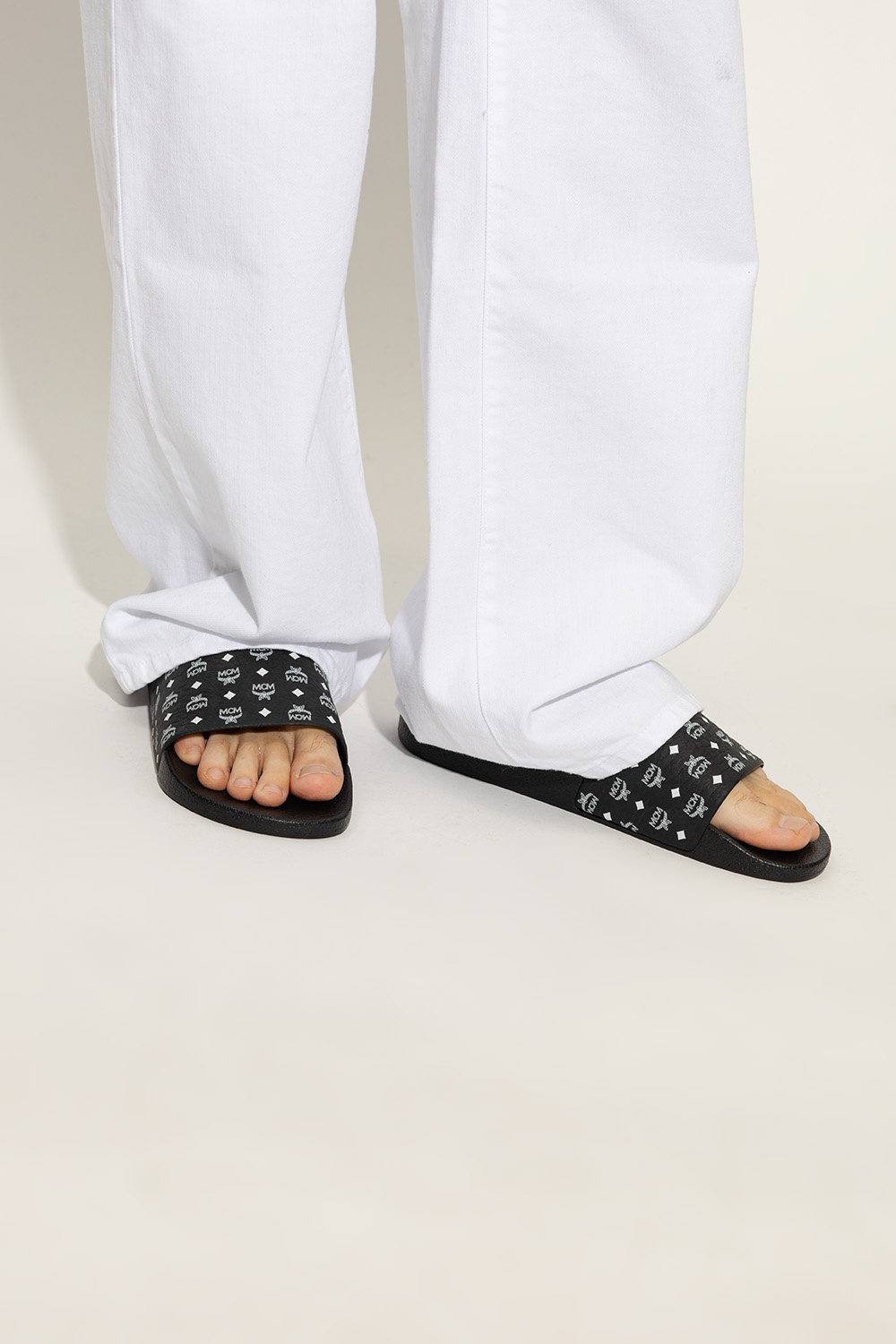 Mcm Monogram Print Rubber Slides In Black