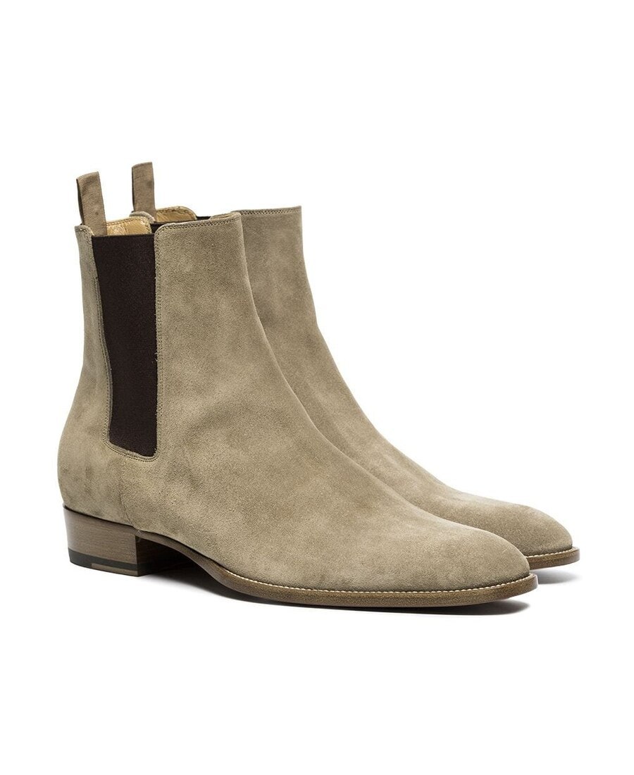 Saint Laurent Wyatt 30 Light Brown Suede Ankle Boot In Nude