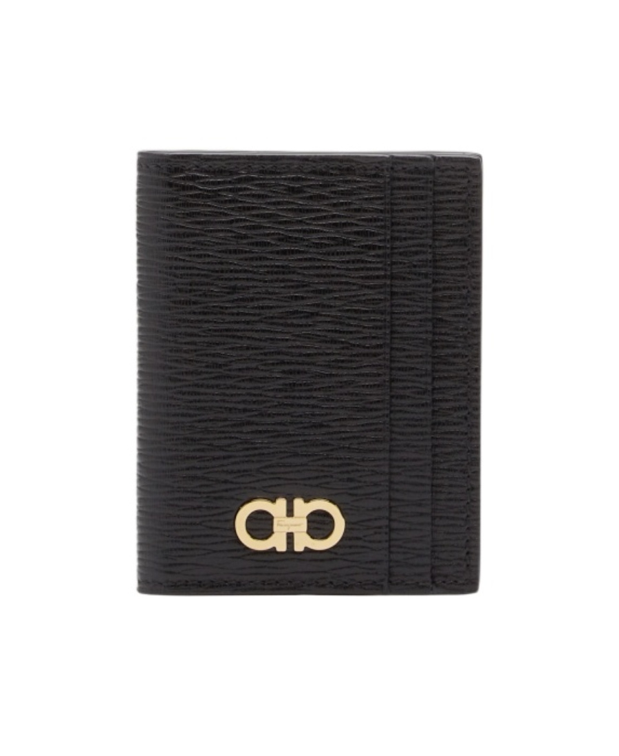 Ferragamo Black Cardholder With Gold-tone Gancini Logo In Calf Leather Man In Black