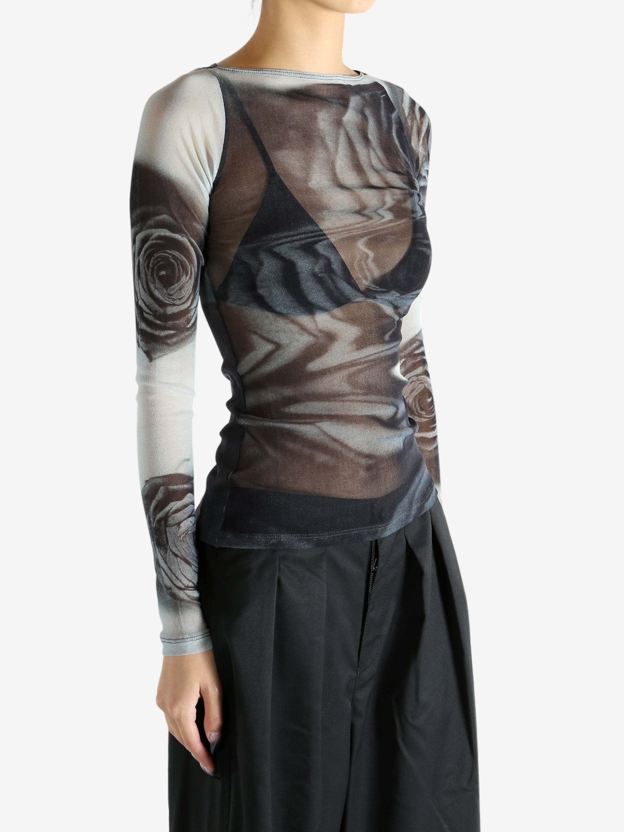 Jean Paul Gaultier Rose Sheer Long Sleeve Mesh Top In Black