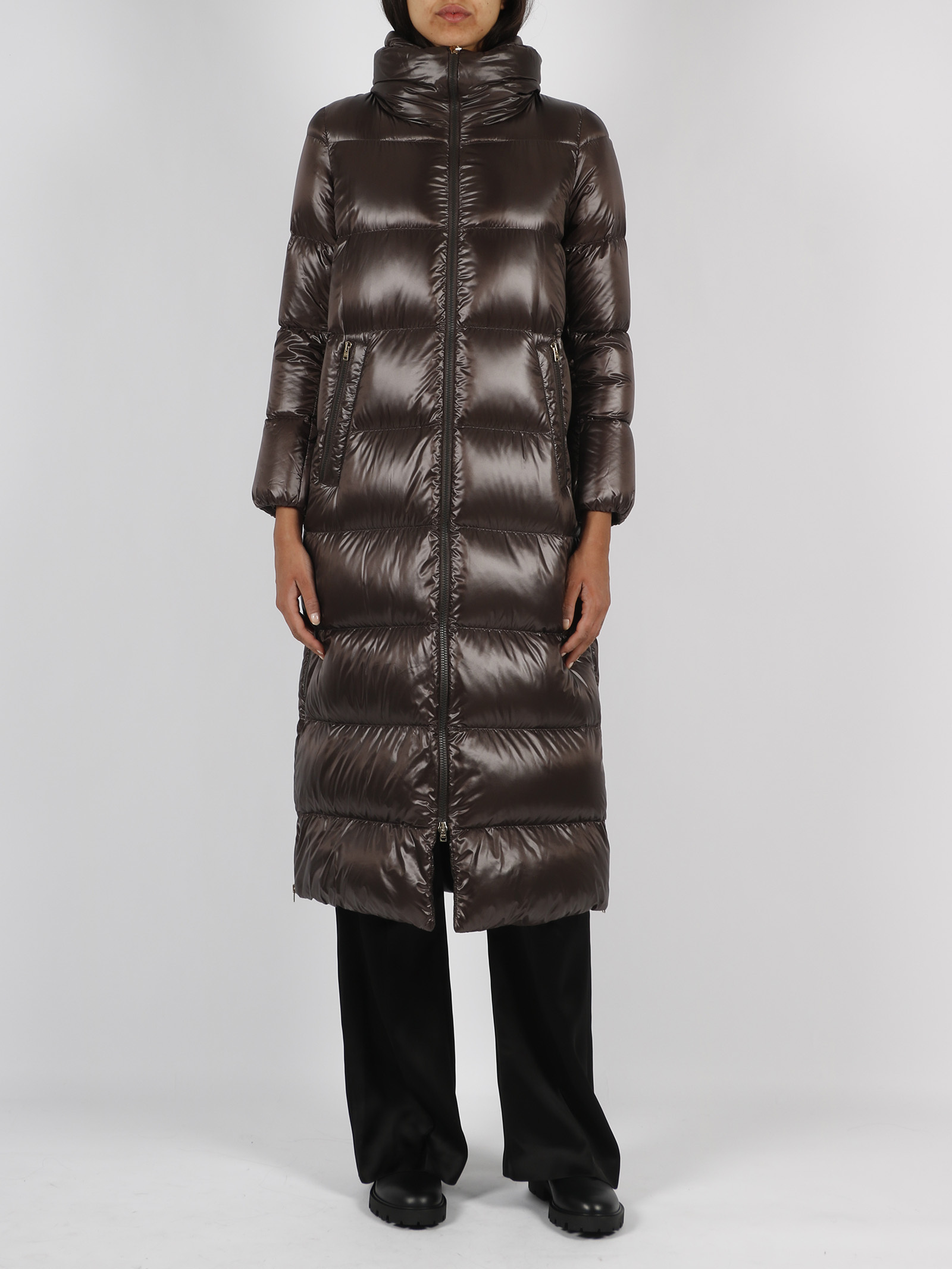 Herno Funnel-neck Quilted Down Midi Coat In Brown