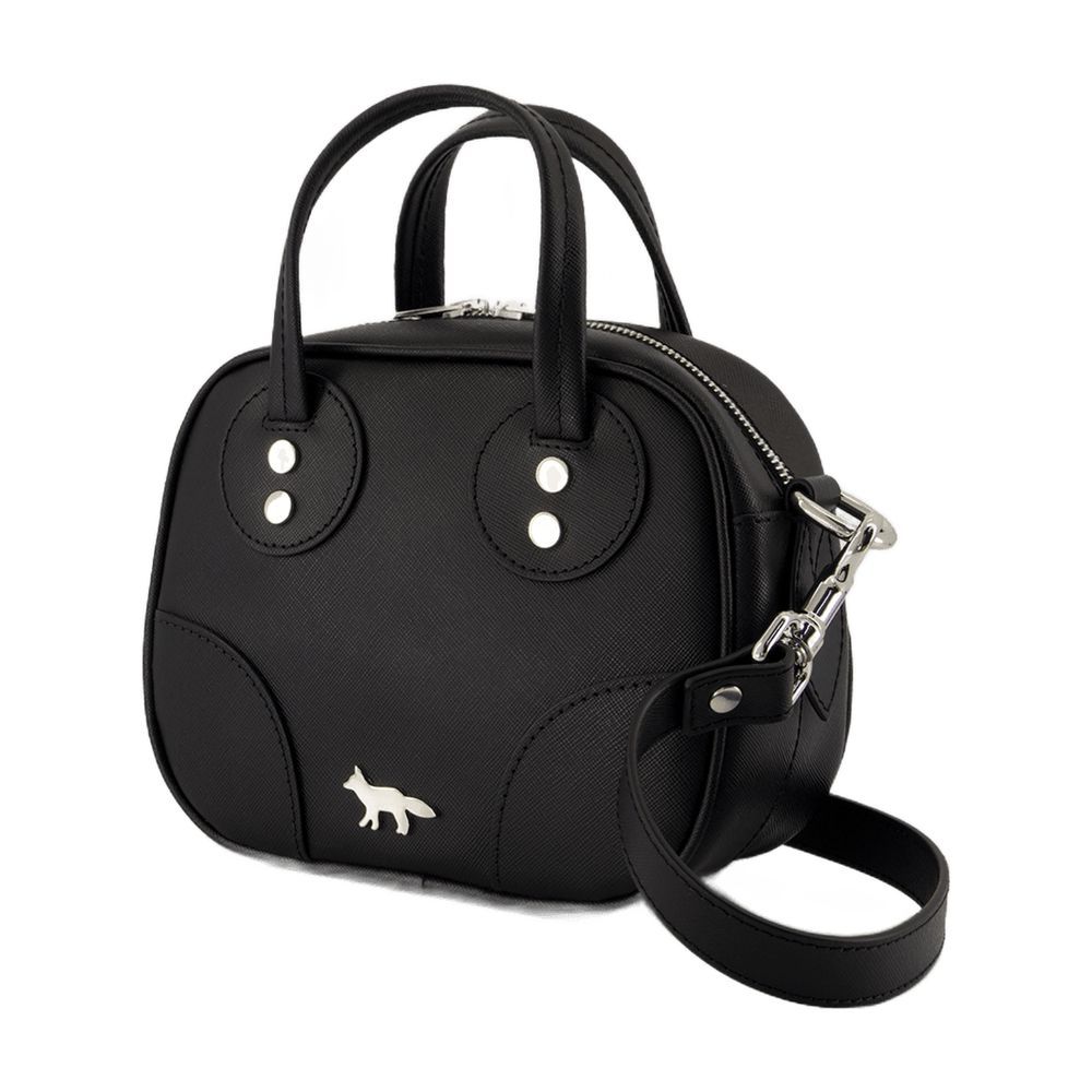 Maison Kitsuné Structured Cowhide Leather Shoulder Bag With Silver-tone Accents In Black