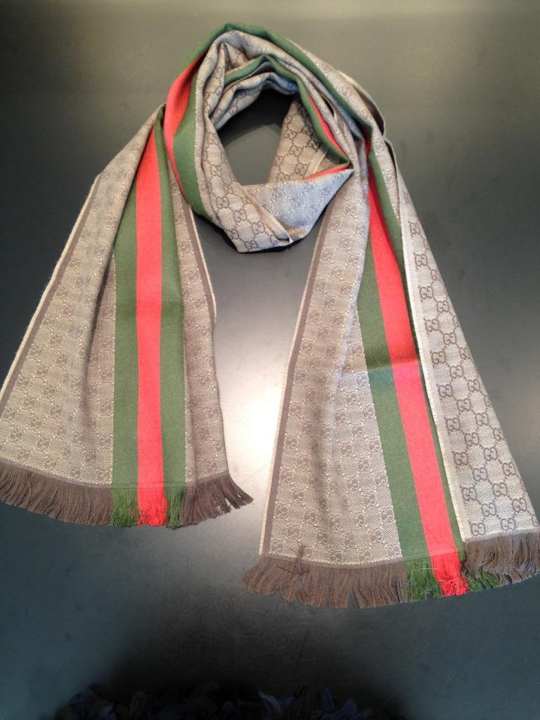 Gucci Gg Jacquard Knit Scarf With Web And Fringe In Brown