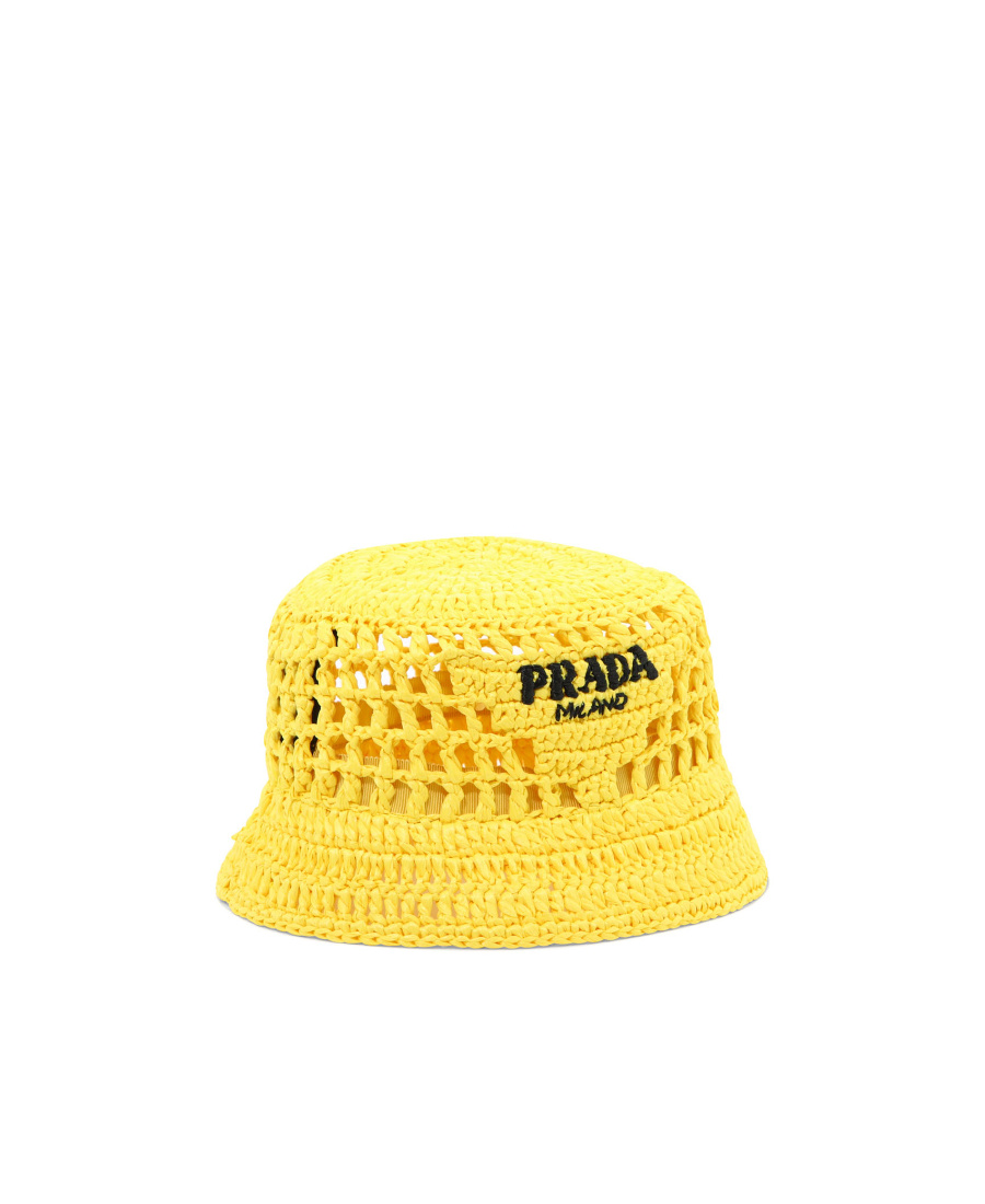 Prada Logo-embroidered Woven Bucket Hat In Yellow