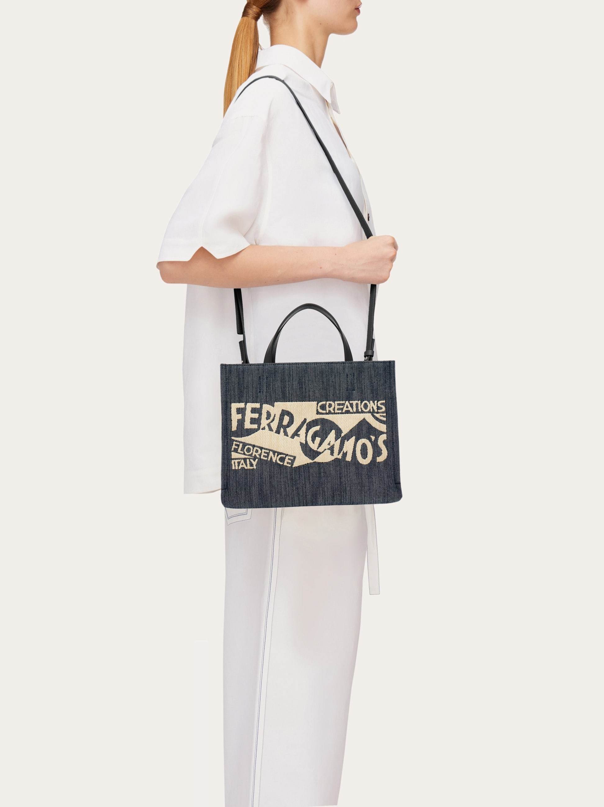 Ferragamo Blue Denim Large Tt Sign Shopping Bag In Black