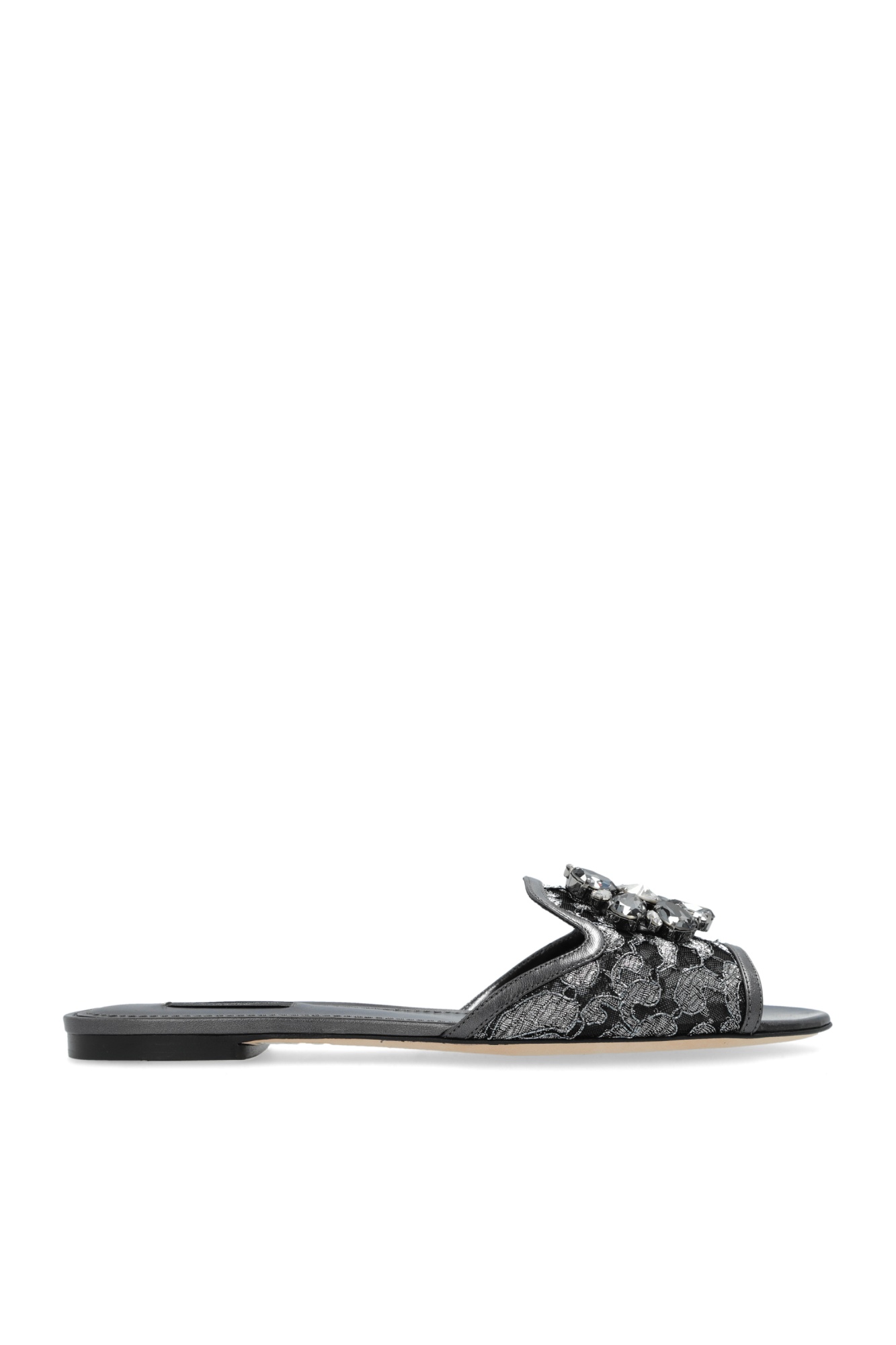 Dolce & Gabbana Crystal Lace Flat Sandals With Floral Overlay In Black