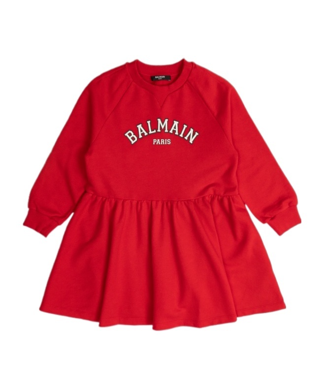 Balmain Round Neck Long Sleeve Dress In Red
