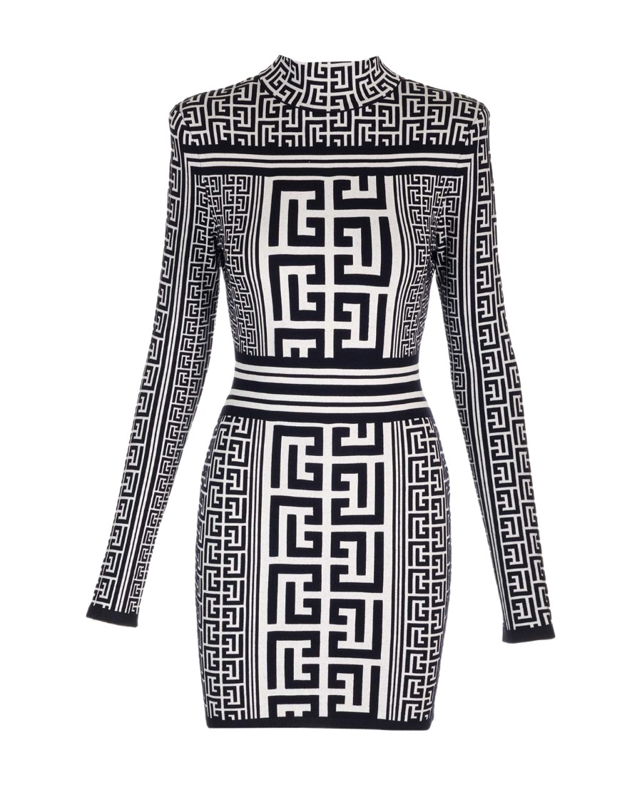 Balmain Structured Knit Dress With Marked Waist In Black