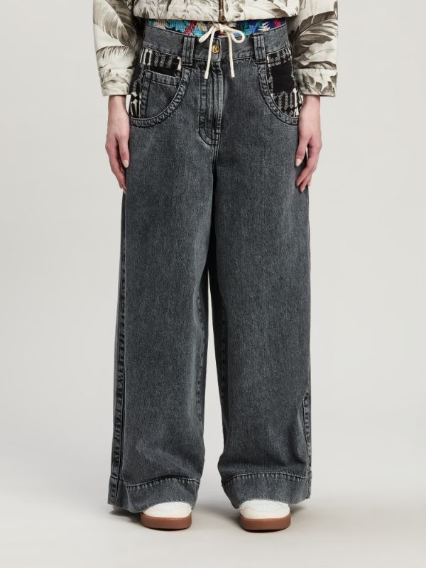 Palm Angels Monogram-pattern Wide-leg Jeans In Black