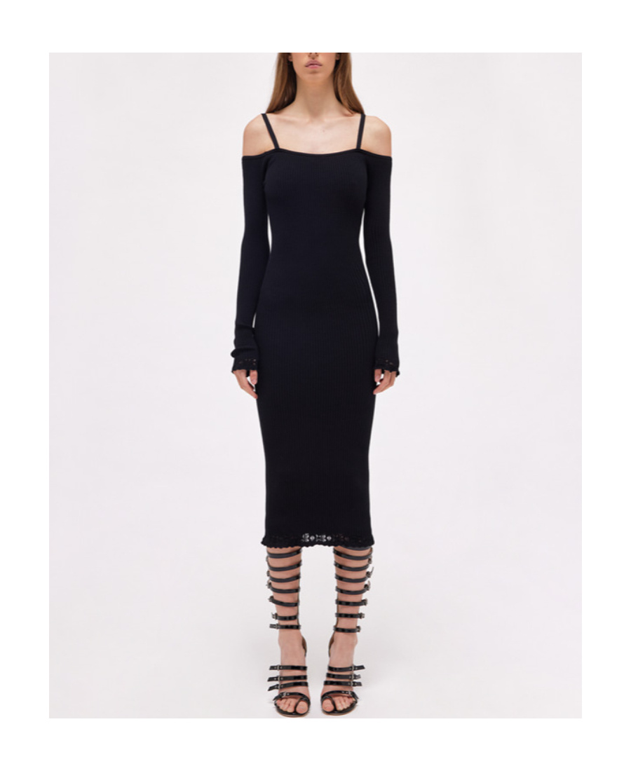 Blumarine Off-shoulder Ribbed Midi Dress In Black