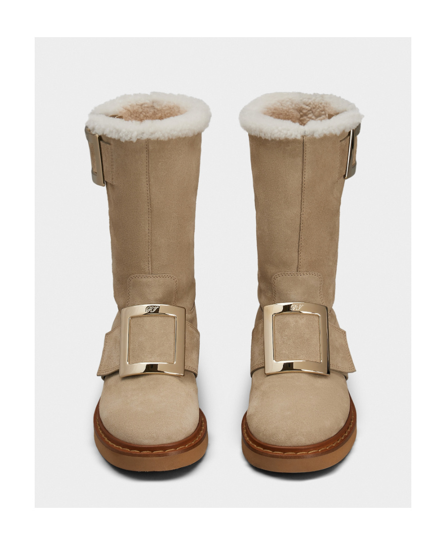Roger Vivier Calf Suede Buckle Boots In Nude