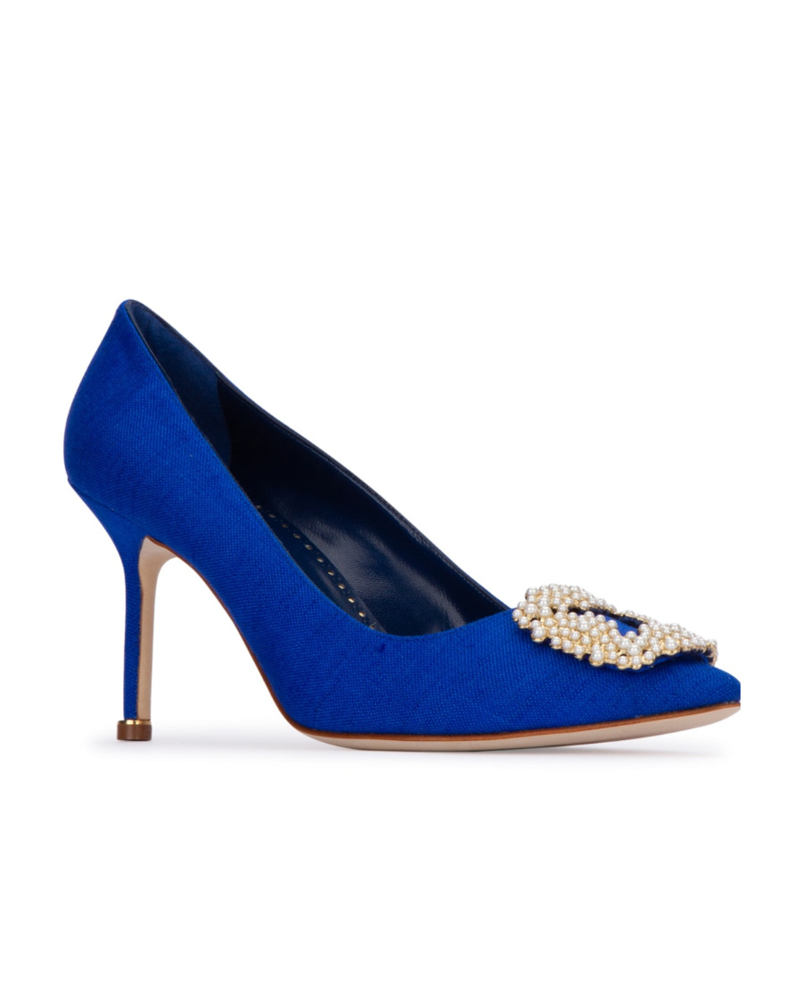 Manolo Blahnik Satin Hangisi 105 Pumps With Jewel Embellishment In Blue