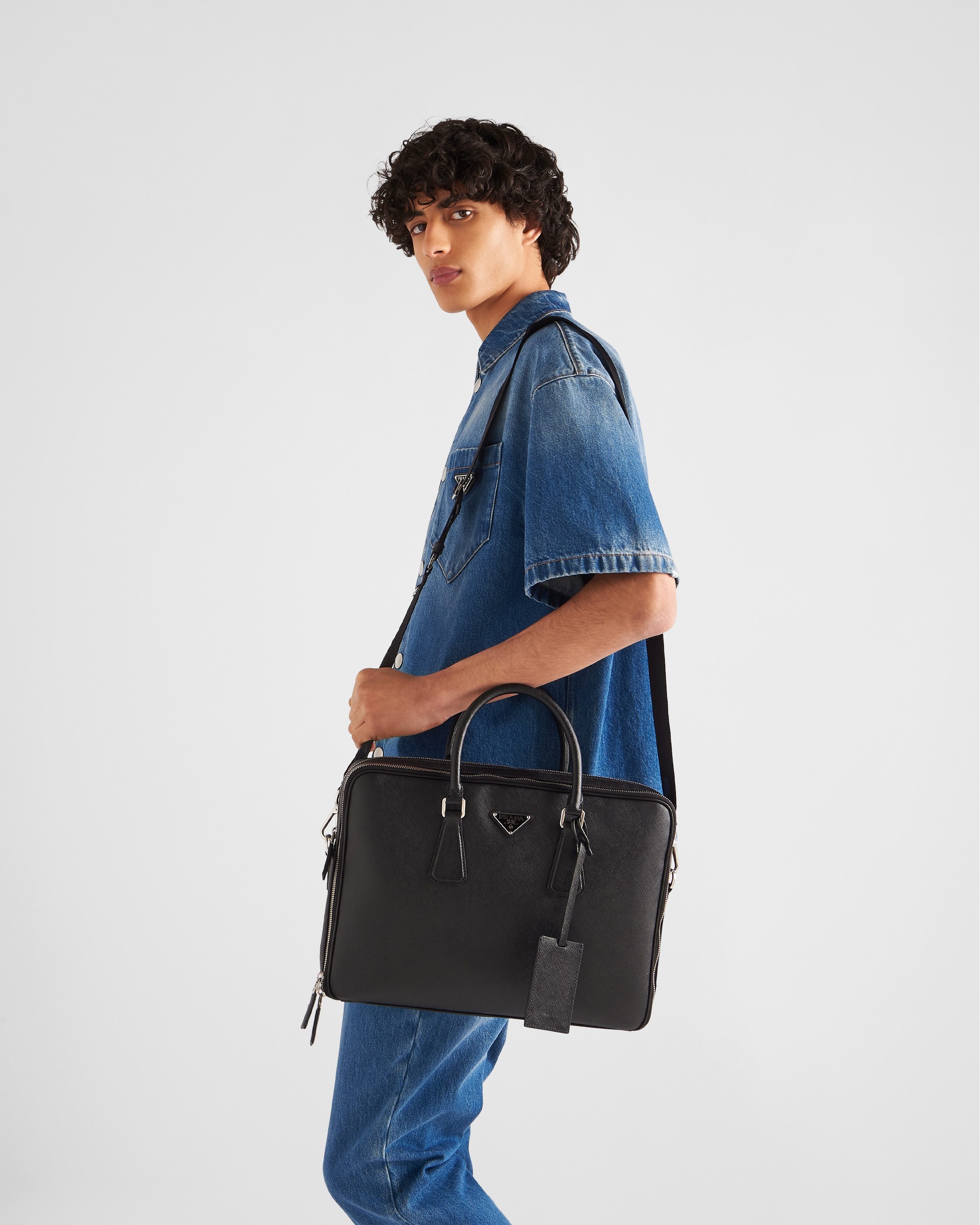 Prada Saffiano Leather Briefcase In Black